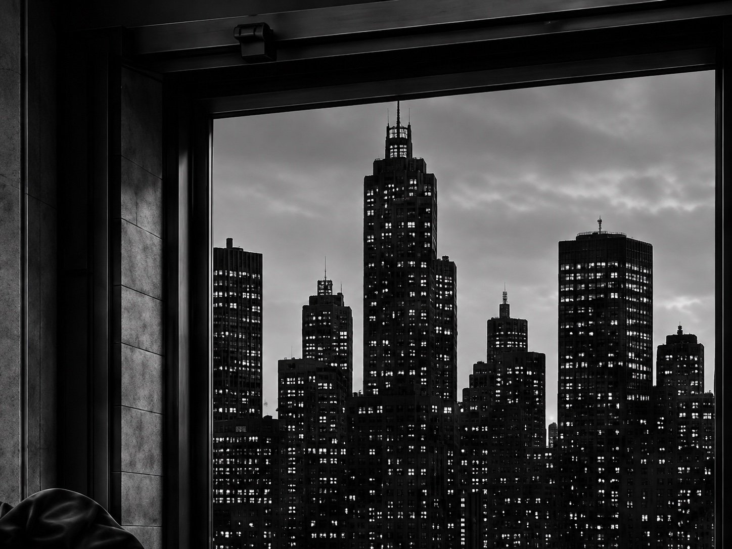 New York City skyline seen through the laundromat window